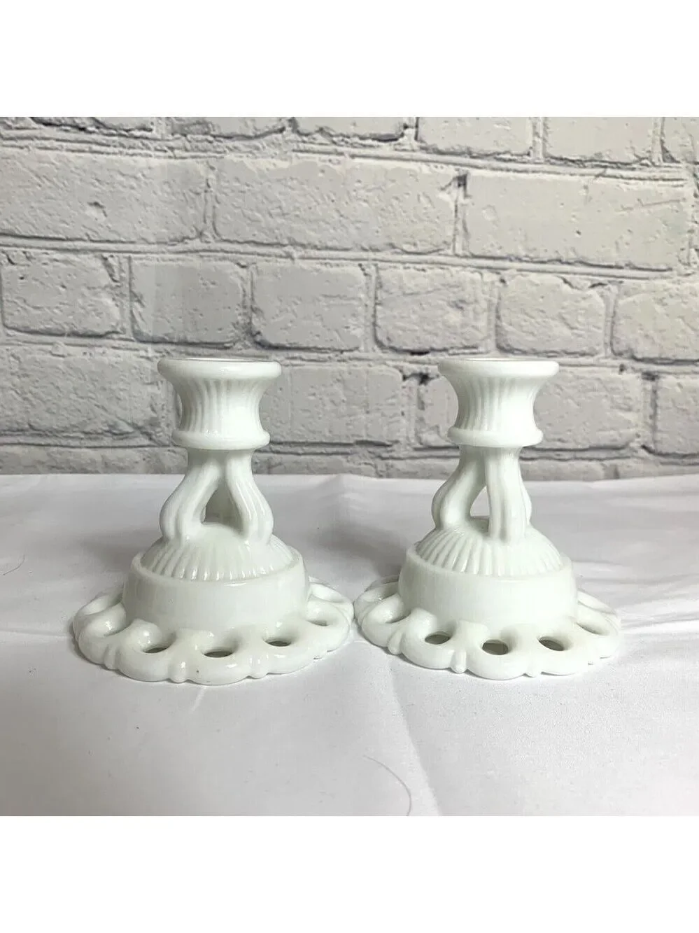 Westmoreland Doric Lace White Milk Glass Candlestick Holders
